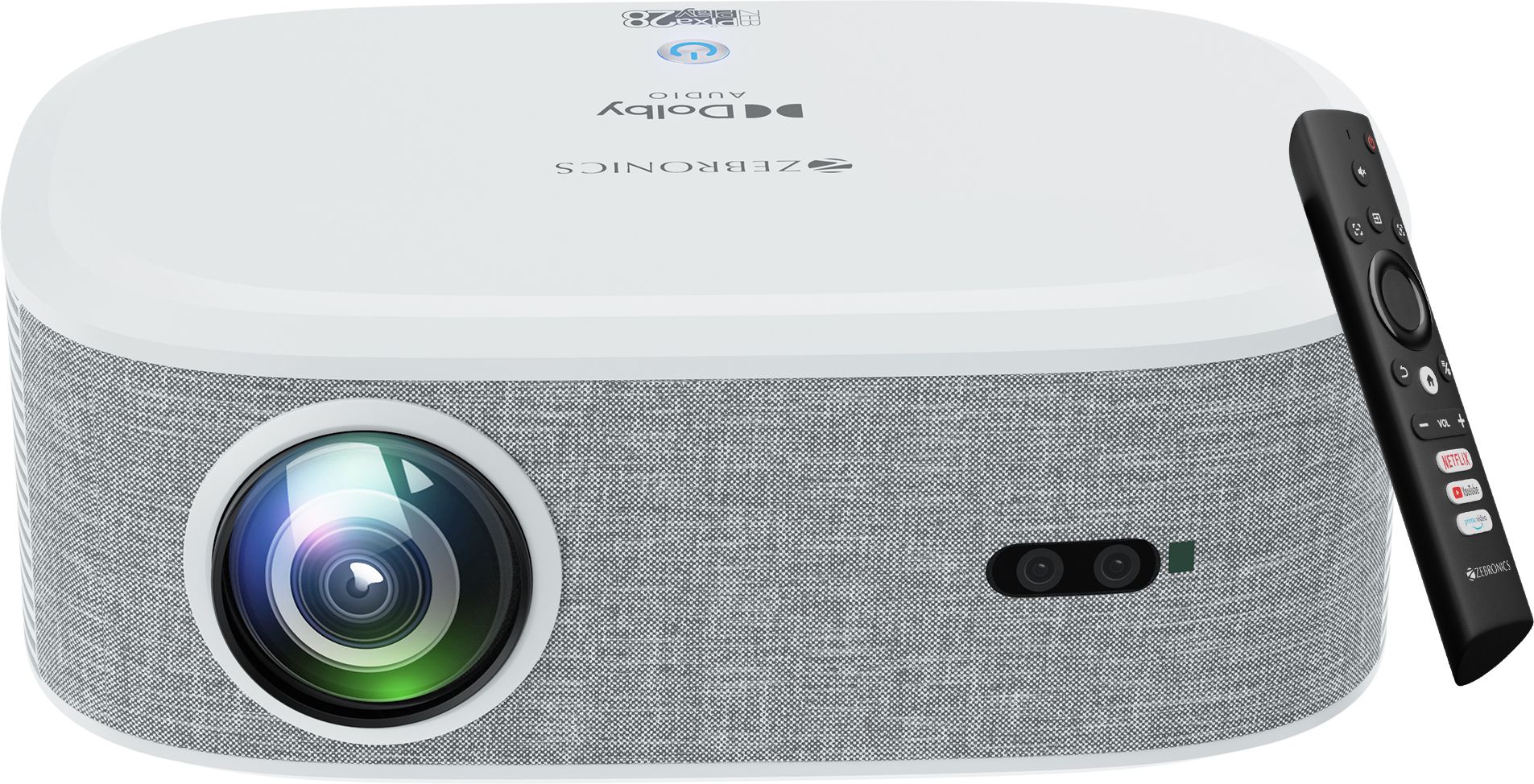 ZEBRONICS ZEB-PIXAPLAY 28 (18000 lm) 1080p FHD, 508 cm Screen, Dolby Audio, Auto Focus, Auto Keystone, HDMI (ARC), Miracast, Dual Band, 30,000 Hour Lamp Life, OTT Apps Support : Netflix, Amazon Prime, YouTube Smart Projector (White + Grey)